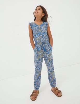 Fatface Girl's Pure Cotton Printed Jumpsuit (3-13 Yrs) - 5-6 Y - Blue Mix, Blue Mix