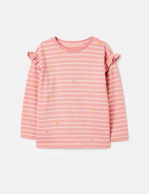 Joules Girl's Pure Cotton Striped Frill Top (2-12 Yrs) - 5y - Pink Mix, Pink Mix,Cream Mix