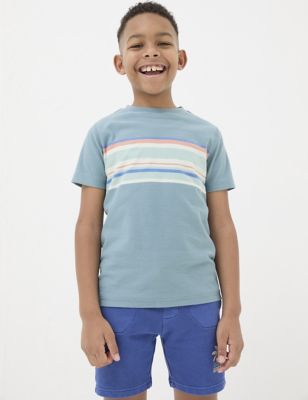 Fatface Boy's Pure Cotton Striped T-Shirt (3-13 Yrs) - 3-4 Y - Teal Mix, Teal Mix