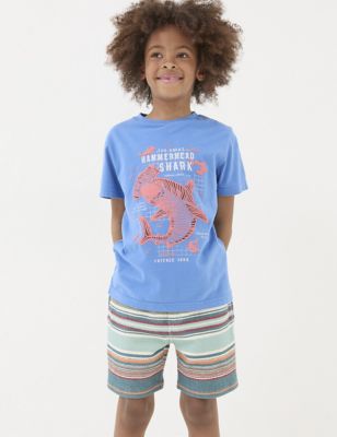 Fatface Boy's Pure Cotton Shark Print T-Shirt (3-13 Yrs) - 4-5 Y - Blue Mix, Blue Mix