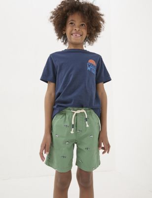 Fatface Boy's Pure Cotton Embroidered Shark Shorts (3-13 Yrs) - 4-5 Y - Green Mix, Green Mix