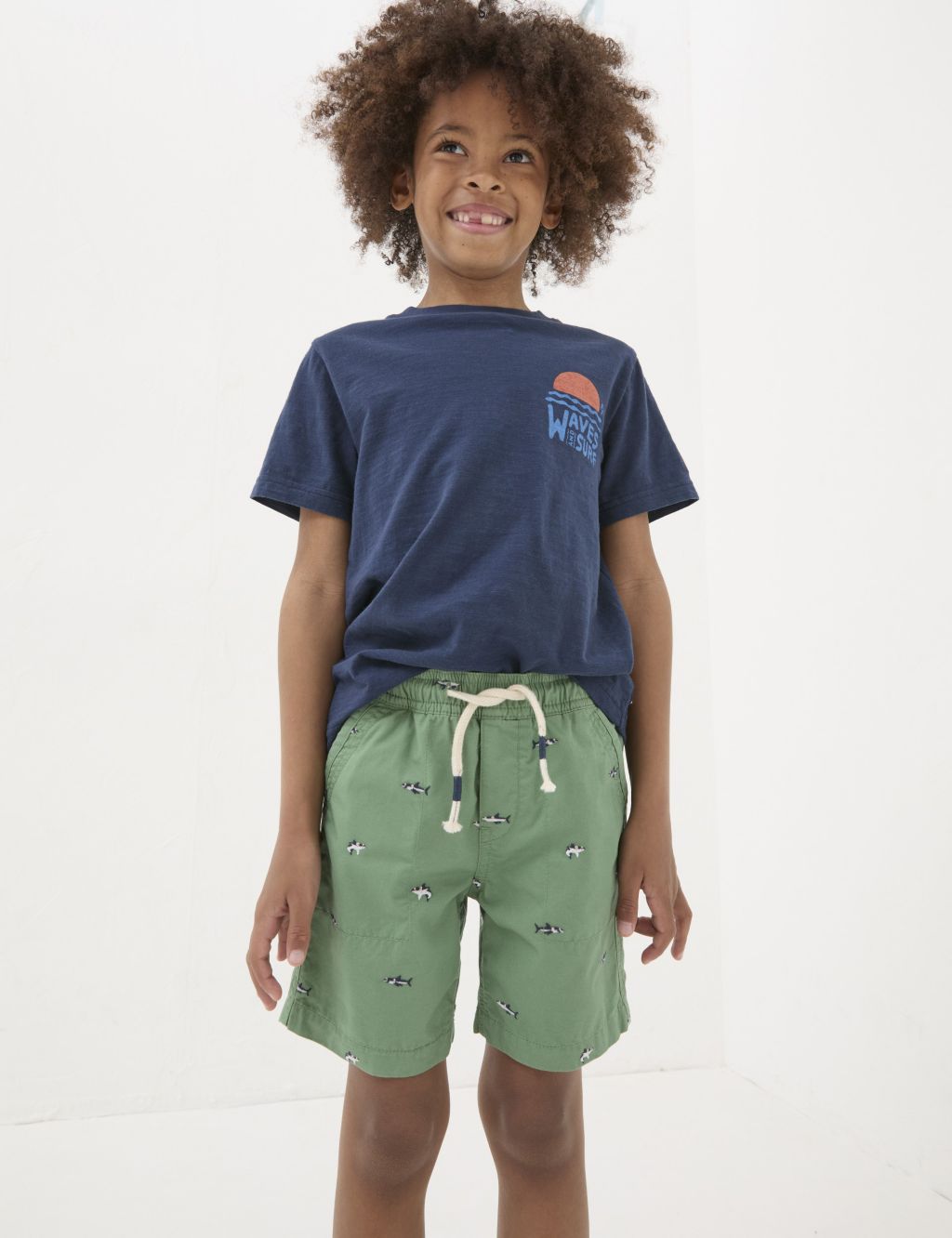 Pure Cotton Embroidered Shark Shorts (3-13 Yrs)