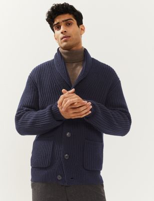 M&S Jaeger Mens Wool with Cashmere Ribbed Cardigan