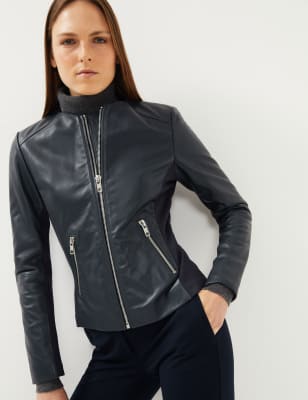 

JAEGER Womens Leather Collarless Jacket - Navy, Navy