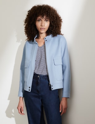 

JAEGER Womens Pure Wool Funnel Neck Short Biker Jacket - Blue, Blue