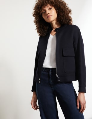 

JAEGER Womens Pure Wool Funnel Neck Short Biker Jacket - Dark Navy, Dark Navy
