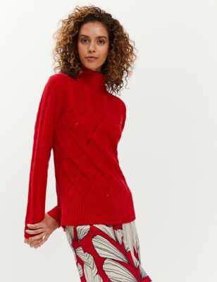 

JAEGER Womens Wool Funnel Neck Cable Jumper with Cashmere - Red, Red