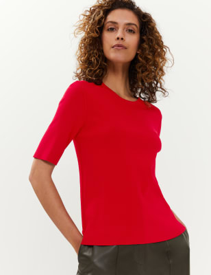 

JAEGER Womens Knitted Crew Neck Short Sleeve Top - Red, Red