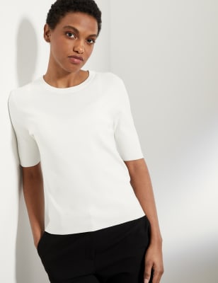 

JAEGER Womens Knitted Crew Neck Short Sleeve Top - Ivory, Ivory