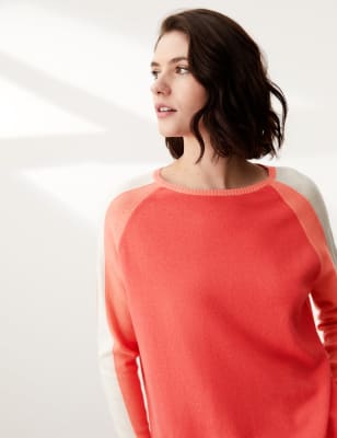 

JAEGER Womens Wool Colour Block Jumper with Cashmere - Coral Mix, Coral Mix