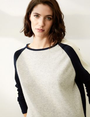 

JAEGER Womens Wool Colour Block Jumper with Cashmere - Navy Mix, Navy Mix