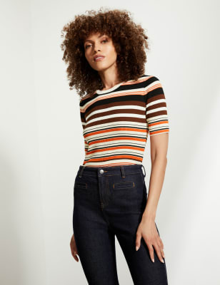 

JAEGER Womens Striped Short Sleeve Jumper - Red Mix, Red Mix
