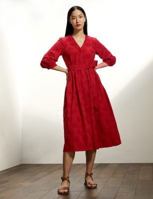 

JAEGER Womens Cotton Jacquard V-Neck Midi Waisted Dress - Red, Red