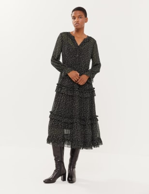 

JAEGER Womens Star Print V-Neck Ruffle Midi Tiered Dress - Black/White, Black/White