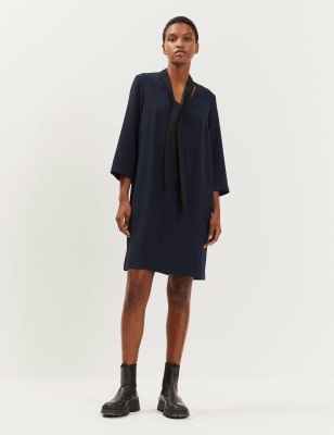 

JAEGER Womens Crepe Tie Neck Knee Length Shift Dress - Navy Mix, Navy Mix
