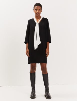 

JAEGER Womens Crepe Tie Neck Knee Length Shift Dress - Black/White, Black/White