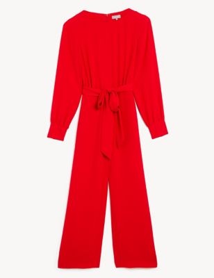 Crepe Belted Long Sleeve Cropped Jumpsuit