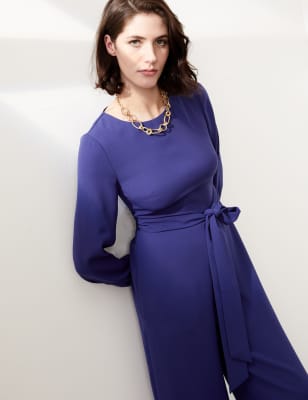 

JAEGER Womens Crepe Belted Long Sleeve Cropped Jumpsuit - Bright Blue, Bright Blue