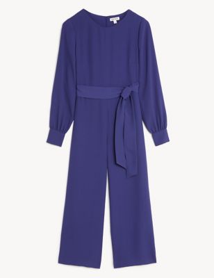 M&S Jaeger Womens Crepe Belted Long Sleeve Cropped Jumpsuit