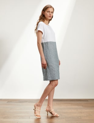 

JAEGER Womens Pure Linen Colour Block Shift Dress - Dark Green, Dark Green