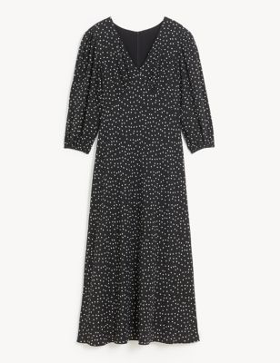 M&S Jaeger Womens Pure Silk Polka Dot V-Neck Midi Tea Dress