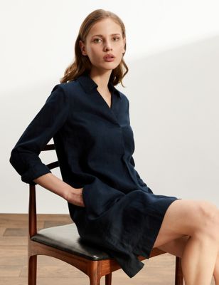 Marks And Spencer JAEGER  Womens  Pure Linen V-Neck Knee Length Shift Dress - Navy