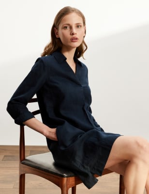 Marks And Spencer JAEGER Womens  Pure Linen V-Neck Knee Length Shift Dress - Navy, Navy