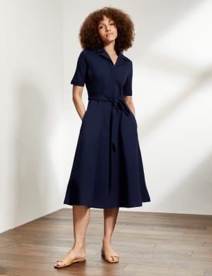 

JAEGER Womens Short Sleeve Tie Front Midi Waisted Dress - Navy, Navy