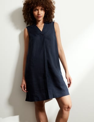 

JAEGER Womens Pure Linen V-Neck Sleeveless Shift Dress - Navy, Navy