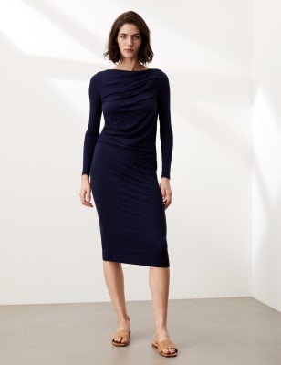 

JAEGER Womens Cowl Neck Midi Column Dress with Wool - Navy, Navy