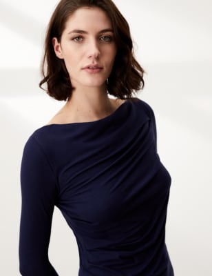 

JAEGER Womens Cowl Neck Midi Column Dress with Wool - Navy, Navy
