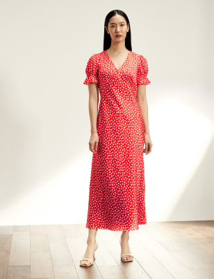 

JAEGER Vestido de tarde a media pierna de manga abullonada estampado con botonaduraWomens - Orange, Orange