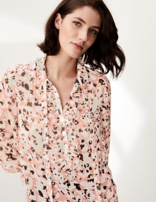 

JAEGER Womens Floral Tie Neck Ruffle Long Sleeve Blouse - Pink Mix, Pink Mix