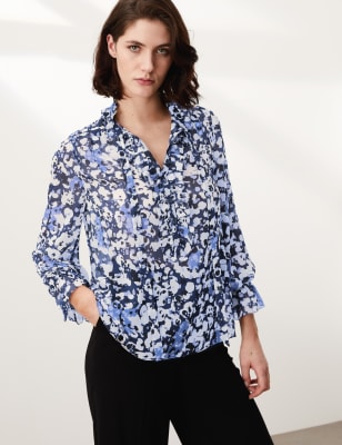 

JAEGER Womens Floral Tie Neck Ruffle Long Sleeve Blouse - Blue, Blue