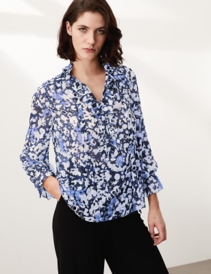 Floral Tie Neck Ruffle Long Sleeve Blouse