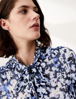 Floral Tie Neck Ruffle Long Sleeve Blouse