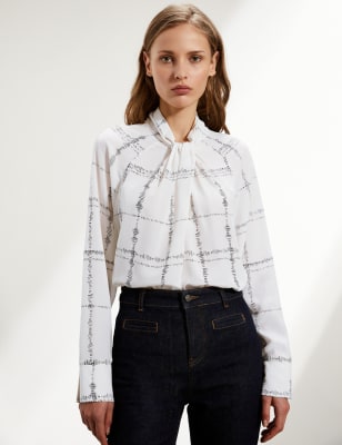 

JAEGER Womens Pure Silk Checked Long Sleeve Blouse - White/Black, White/Black
