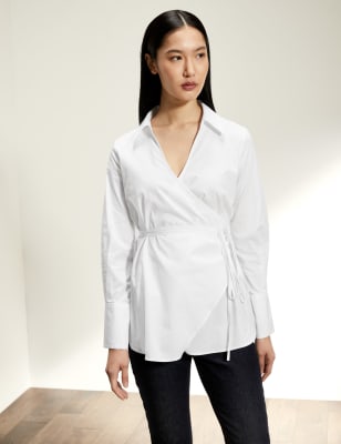 

JAEGER Womens Cotton Rich Collared Long Sleeve Wrap Shirt - White, White
