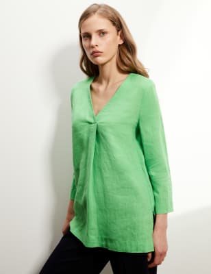 

JAEGER Womens Pure Linen V-Neck Long Sleeve Top - Bright Green, Bright Green