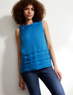 

JAEGER Womens Pure Linen Layered Sleeveless Blouse - Bright Blue, Bright Blue