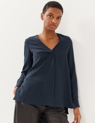 

JAEGER Womens Crepe V-Neck Long Sleeve Blouse - Navy, Navy