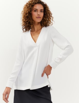 

JAEGER Womens Crepe V-Neck Long Sleeve Blouse - Ivory, Ivory