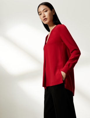 

JAEGER Womens Crepe Pleated V-Neck Long Sleeve Blouse - Red, Red