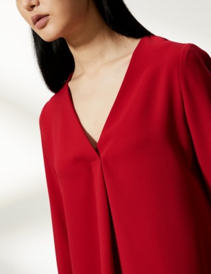 

JAEGER Blusa de manga larga de escote en pico de crepé plisadaWomens - Red, Red