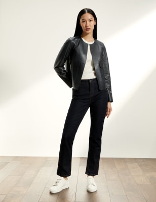 

JAEGER Womens Leather Collarless Jacket - Navy, Navy