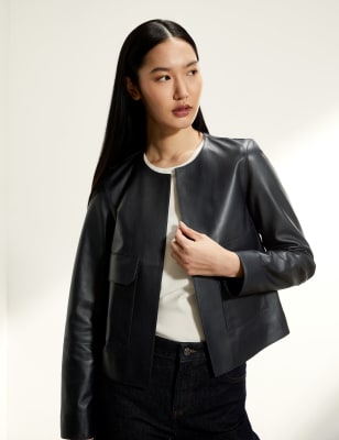 

JAEGER Womens Leather Collarless Jacket - Navy, Navy