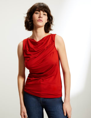 

JAEGER Womens Ärmelloses Jersey-Oberteil mit Wasserfallausschnitt - Red, Red