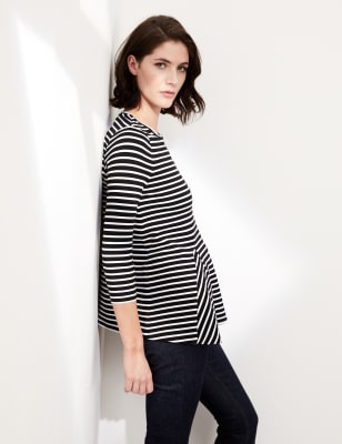 JAEGER  Womens  Striped Crew Neck 3/4 Sleeve Top - Black/White