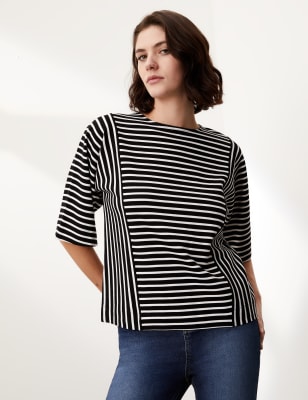 

JAEGER Womens Striped Crew Neck Short Sleeve Top - Black/White, Black/White