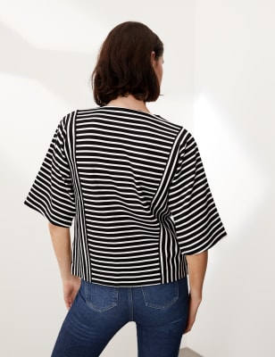 

JAEGER Womens Kurzärmeliges Oberteil mit Rundhalsausschnitt und Streifen - Black/White, Black/White